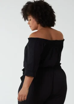 Tops>Blue Vanilla Curve Bardot Tie Front Top Black