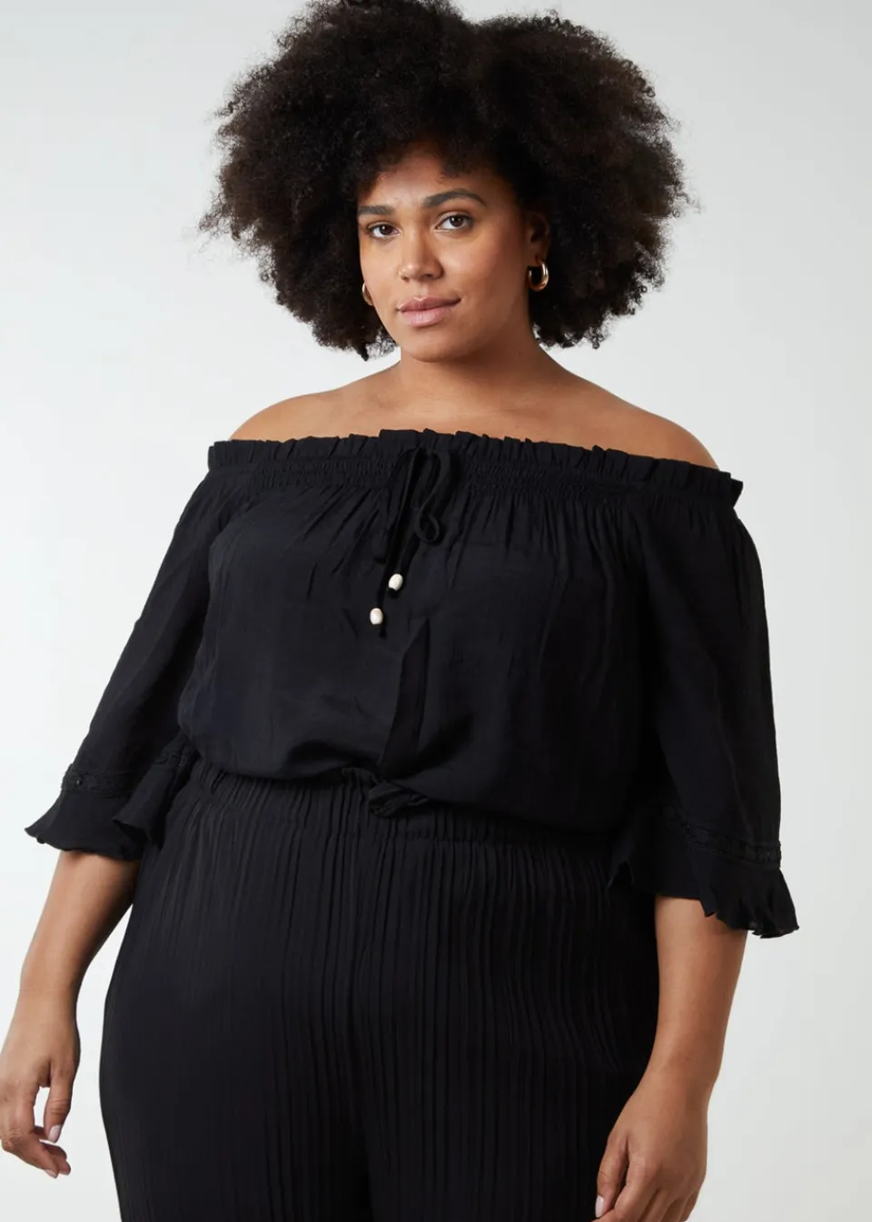 Tops>Blue Vanilla Curve Bardot Tie Front Top Black