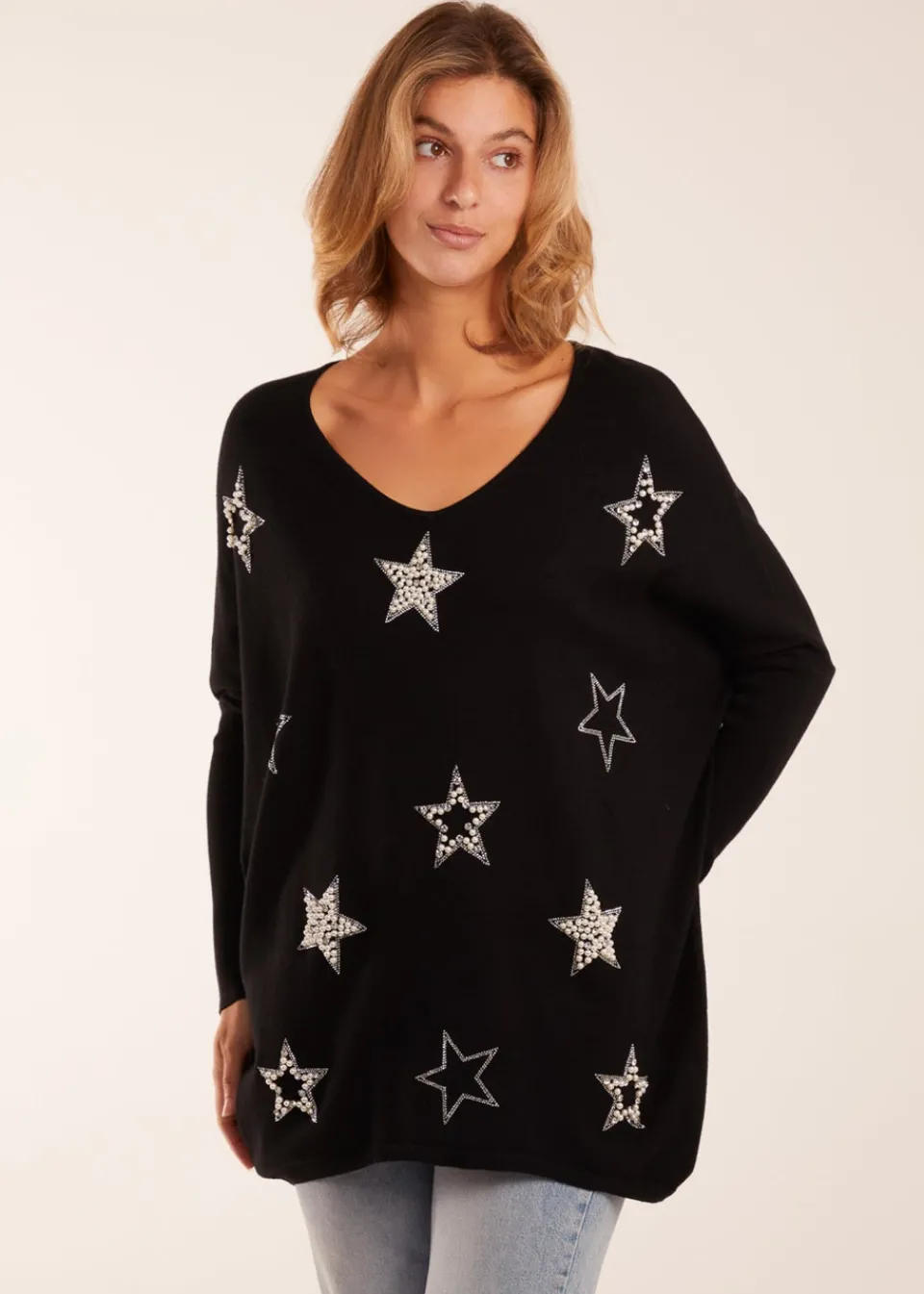 Tops>Blue Vanilla Diamante Pearl Star Jumper Black