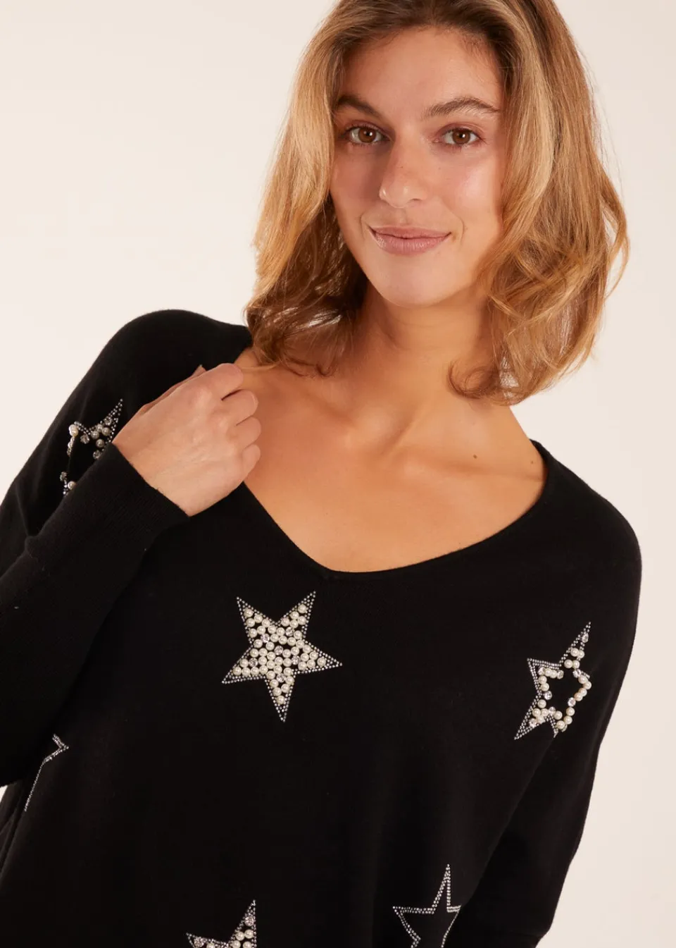 Tops>Blue Vanilla Diamante Pearl Star Jumper Black