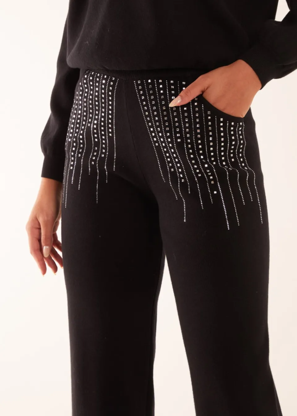 Trousers>Blue Vanilla Diamante Knitted Flared Trousers Black