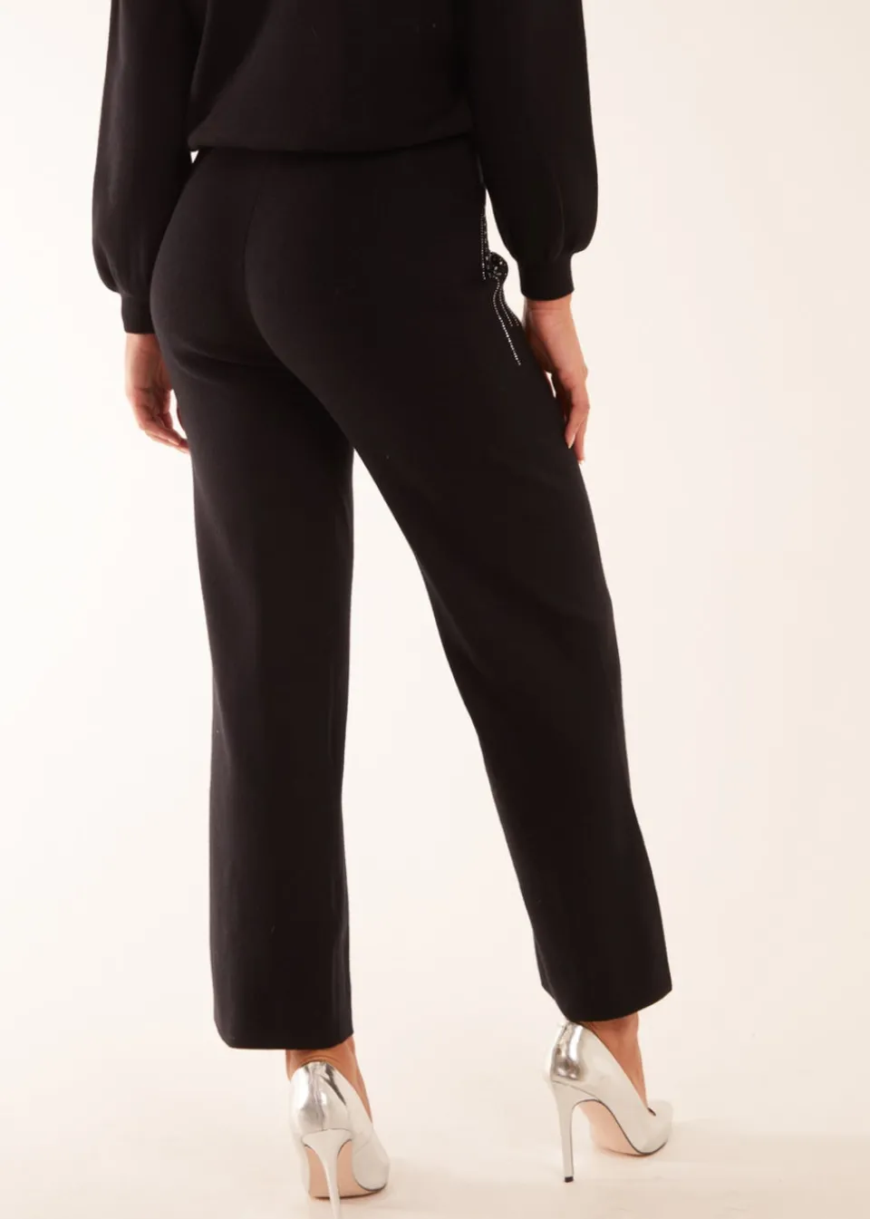 Trousers>Blue Vanilla Diamante Knitted Flared Trousers Black