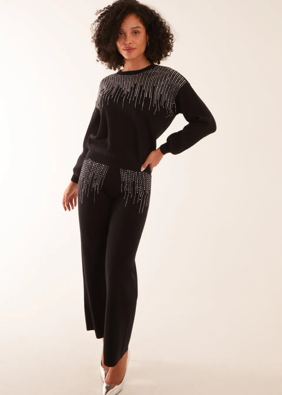 Trousers>Blue Vanilla Diamante Knitted Flared Trousers Black