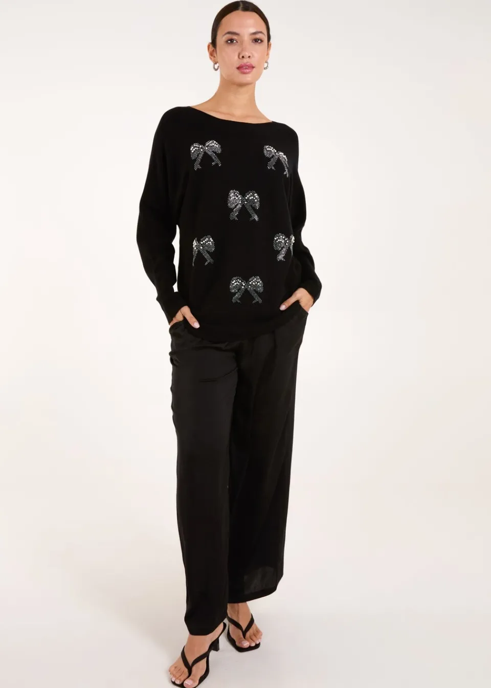 Tops>Blue Vanilla Black Embellished Bows Knitted Jumper