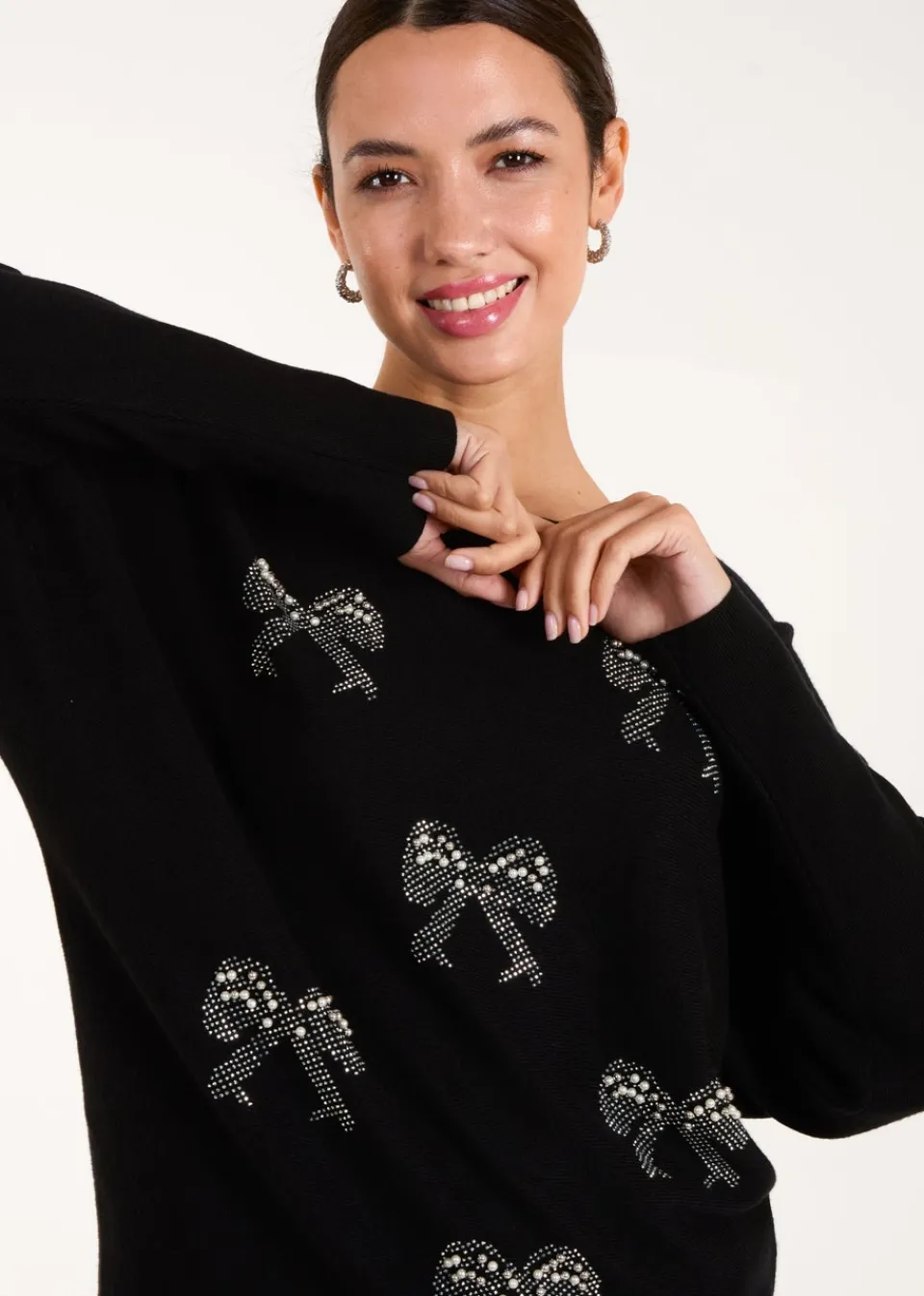 Tops>Blue Vanilla Black Embellished Bows Knitted Jumper
