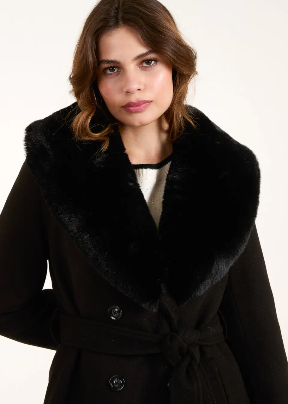 Coats & Jackets>Blue Vanilla Black Faux Fur Belted Coat