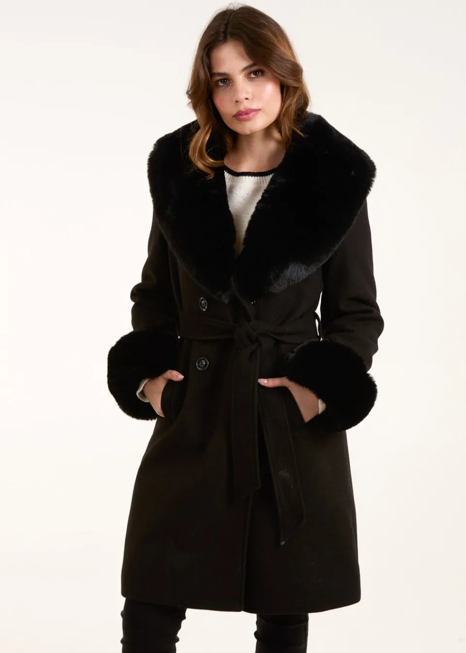 Coats & Jackets>Blue Vanilla Black Faux Fur Belted Coat