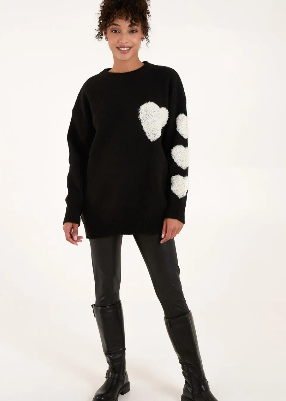 Tops>Blue Vanilla Black Flocked Heart Oversized Jumper