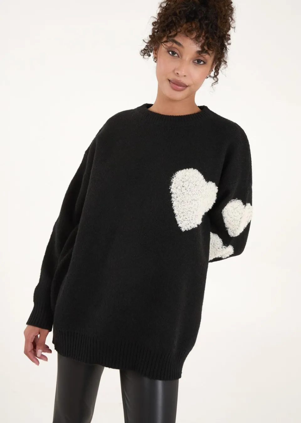 Tops>Blue Vanilla Black Flocked Heart Oversized Jumper