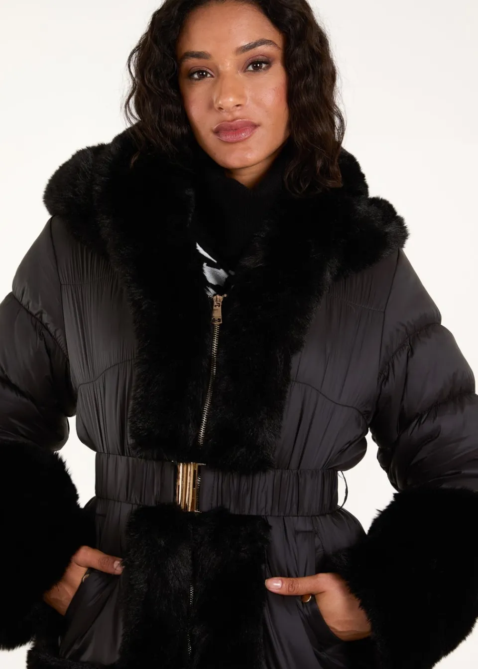 Coats & Jackets>Blue Vanilla Black Fur Trim Belted Puffer Coat