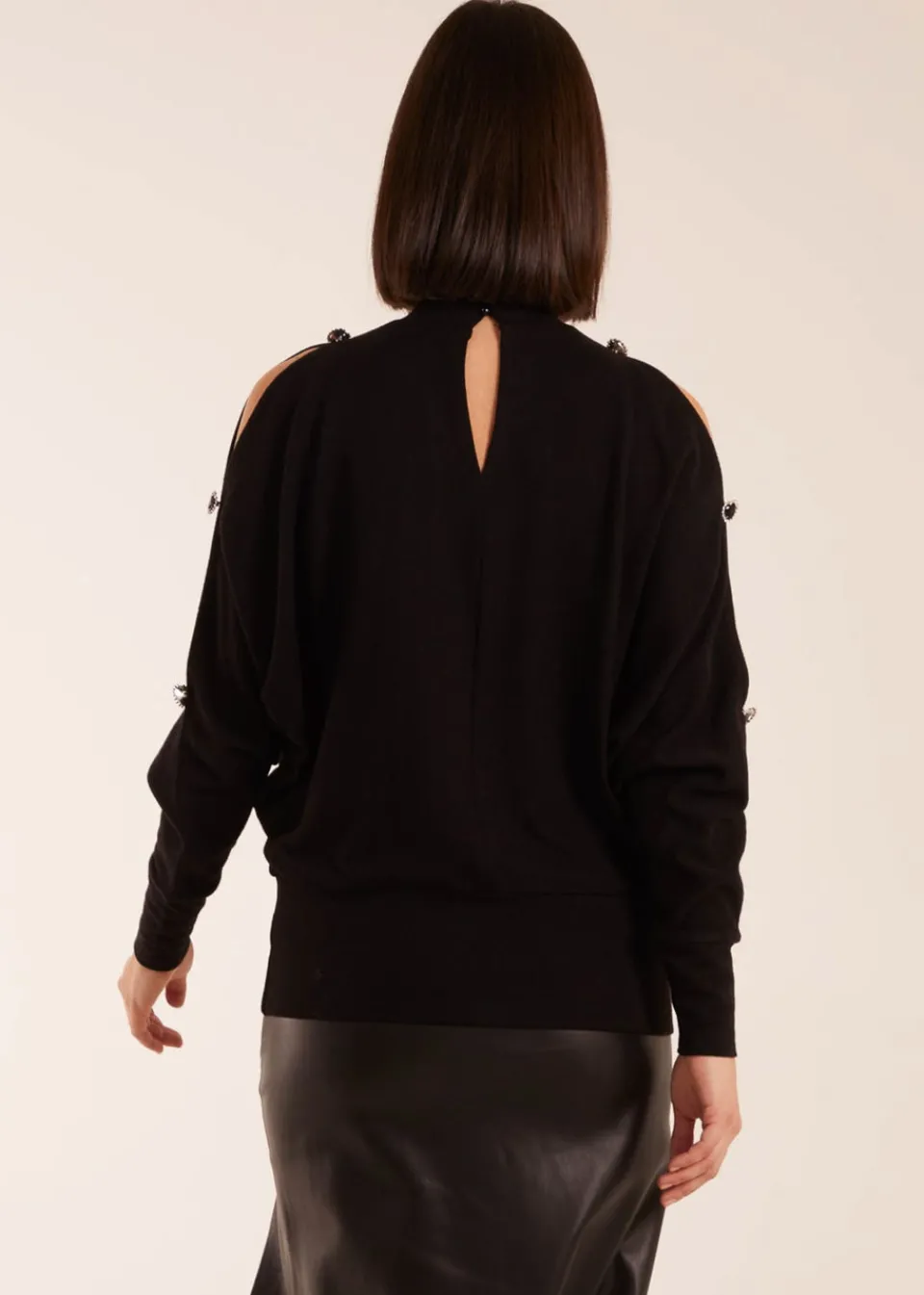 Tops>Blue Vanilla Black High Neck Heart Diamante Cold Shoulder Jumper