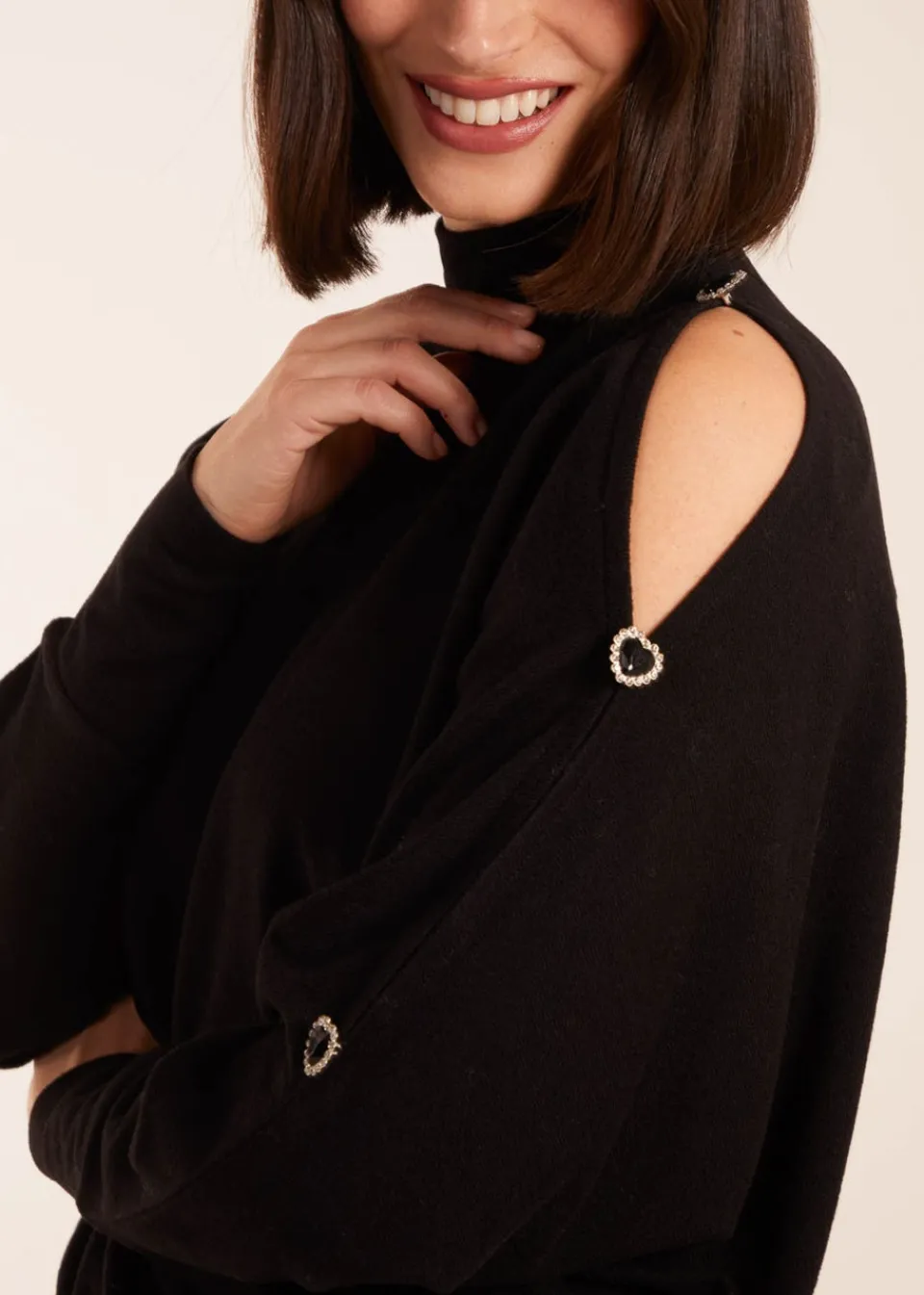 Tops>Blue Vanilla Black High Neck Heart Diamante Cold Shoulder Jumper