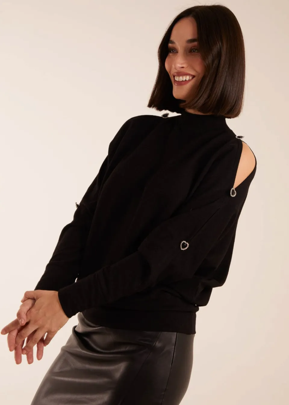 Tops>Blue Vanilla Black High Neck Heart Diamante Cold Shoulder Jumper