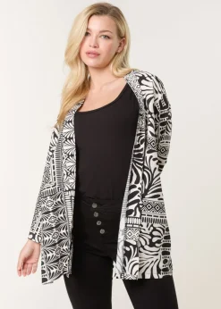 Tops>Blue Vanilla Black Kimono With Geometric Print