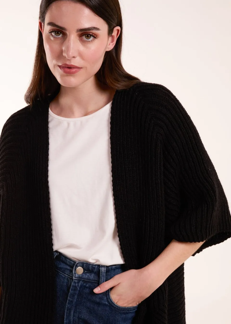 Tops>Blue Vanilla Knitted Mid Length Cardigan Black