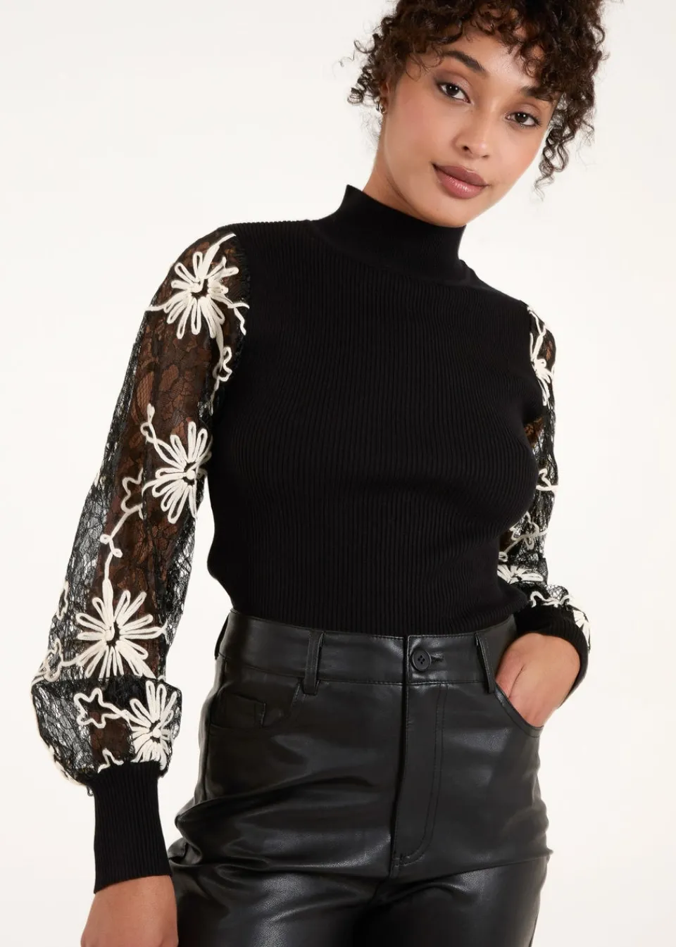 Tops>Blue Vanilla Black Lace Sleeve High Neck Jumper