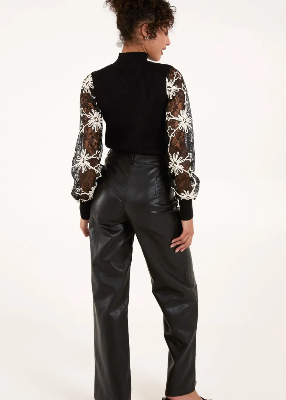 Tops>Blue Vanilla Black Lace Sleeve High Neck Jumper