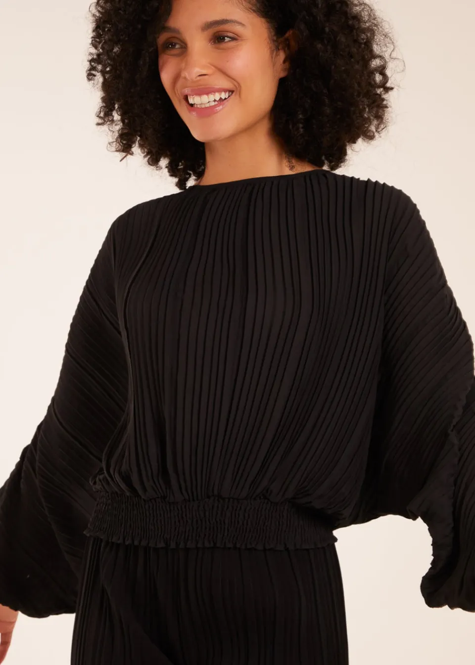Tops>Blue Vanilla Long Sleeve Pleated Top Black