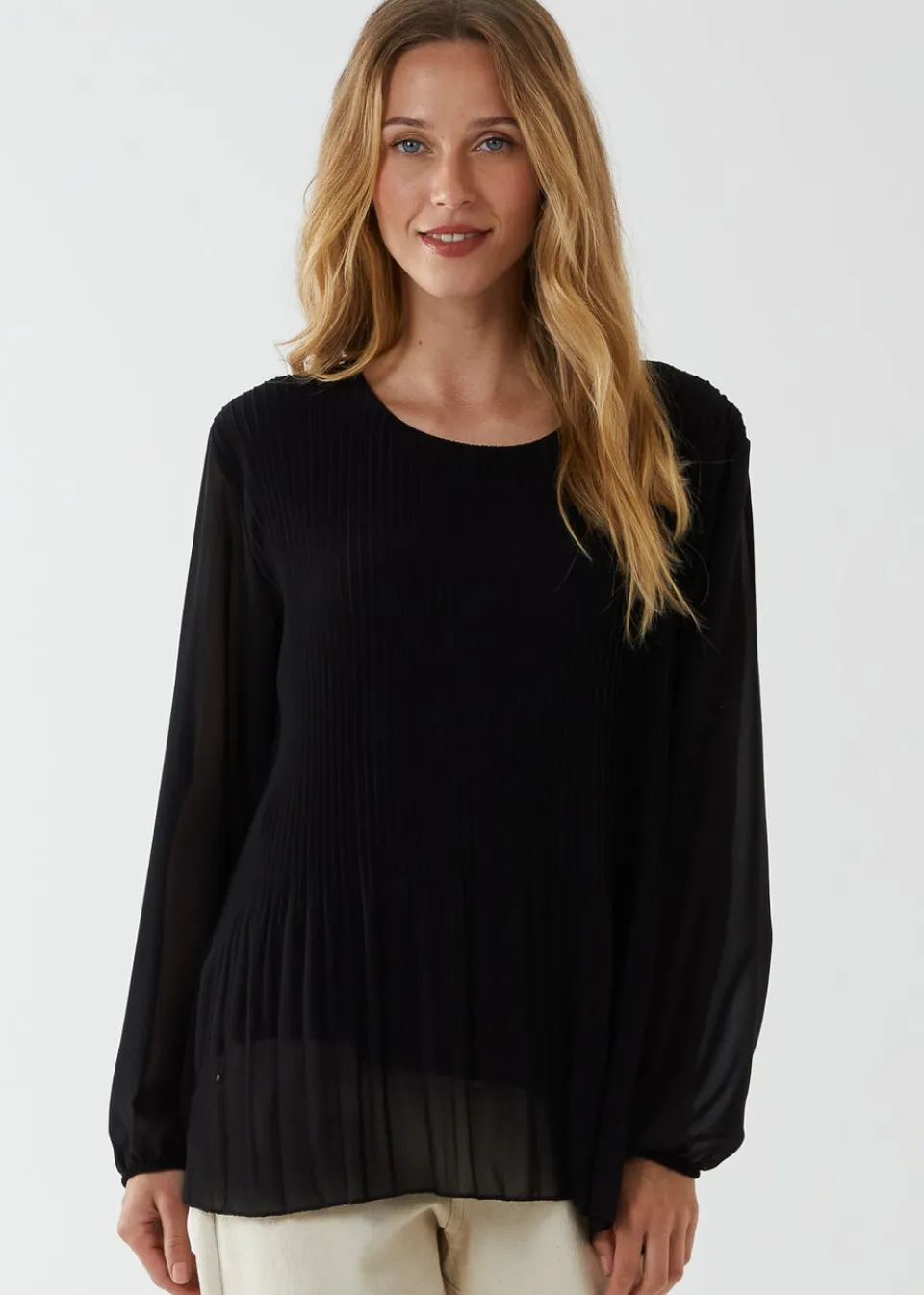 Tops>Blue Vanilla Black Long Sleeve Pleated Top