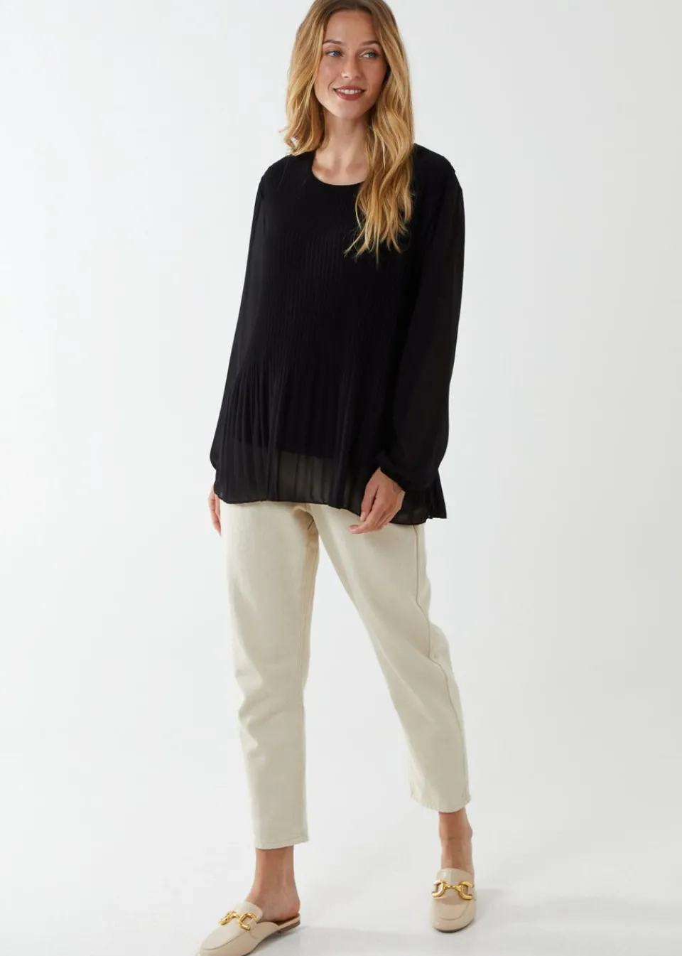 Tops>Blue Vanilla Black Long Sleeve Pleated Top