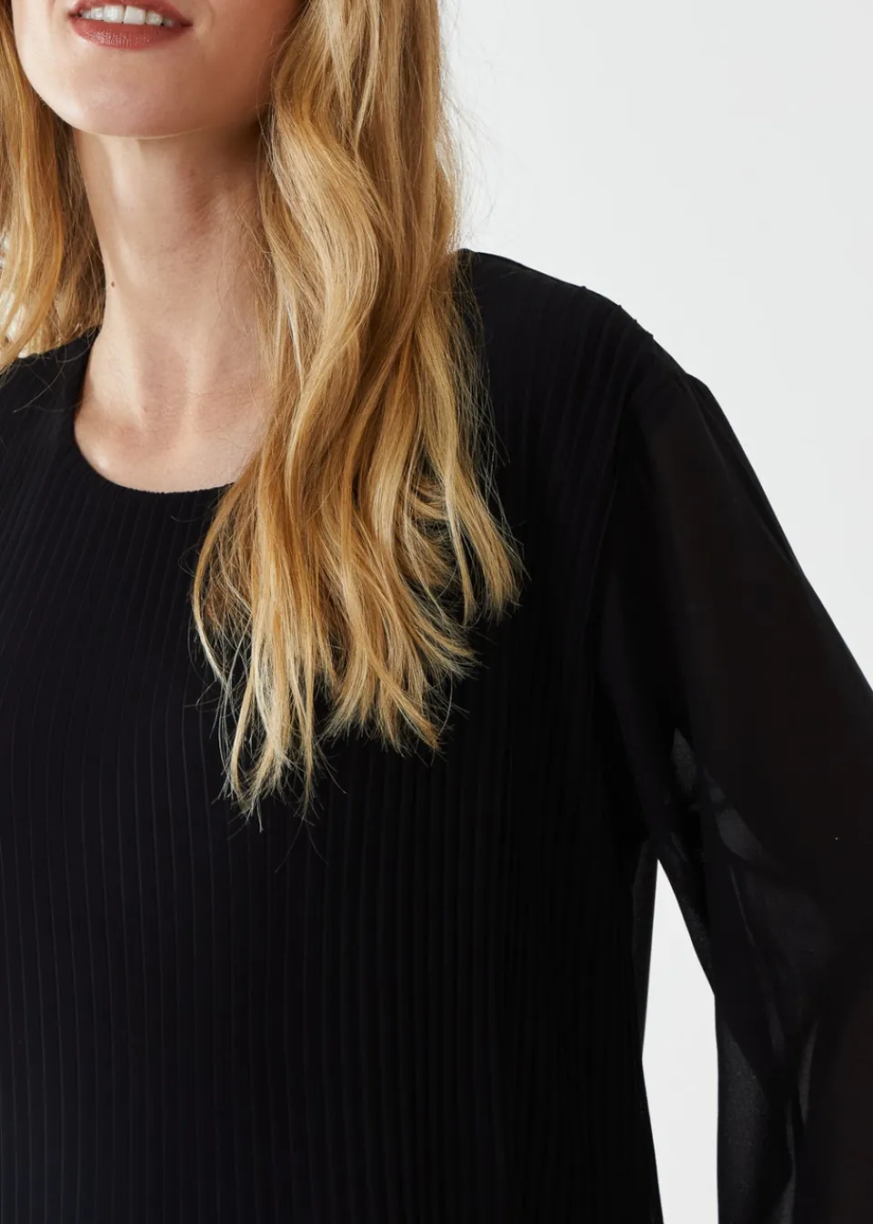 Tops>Blue Vanilla Black Long Sleeve Pleated Top