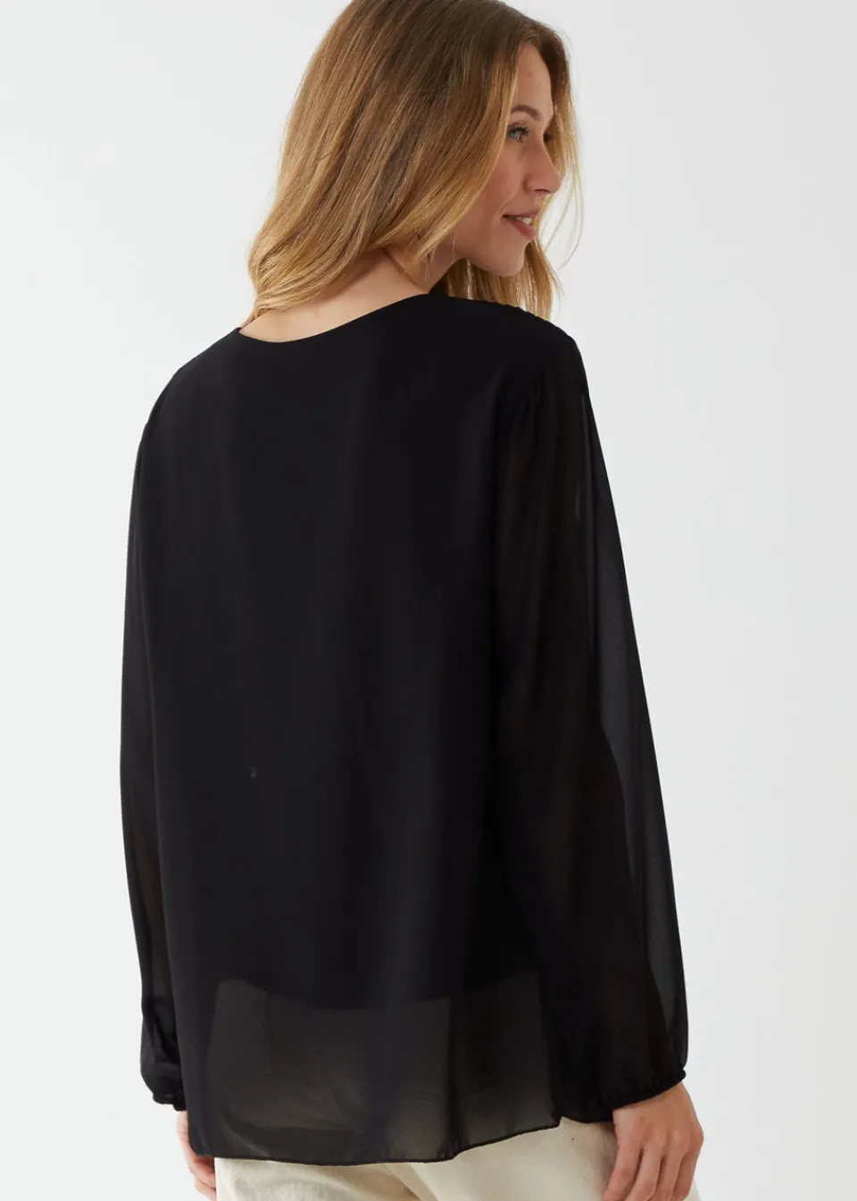 Tops>Blue Vanilla Black Long Sleeve Pleated Top