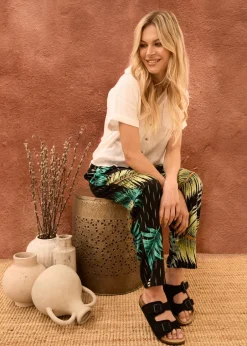 Trousers>Blue Vanilla Black Palm Print Trousers