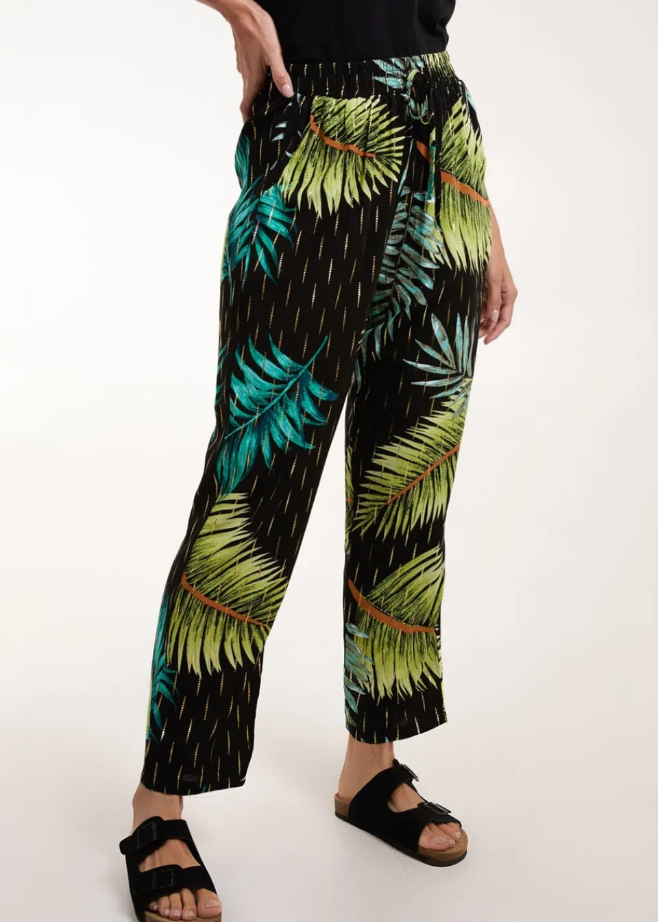 Trousers>Blue Vanilla Black Palm Print Trousers