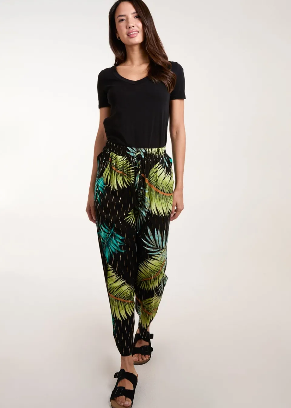 Trousers>Blue Vanilla Black Palm Print Trousers