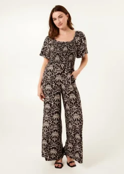 Jumpsuits & Playsuits>Blue Vanilla Black Palm Tree Print Square Neck Shirred Jumpsuit