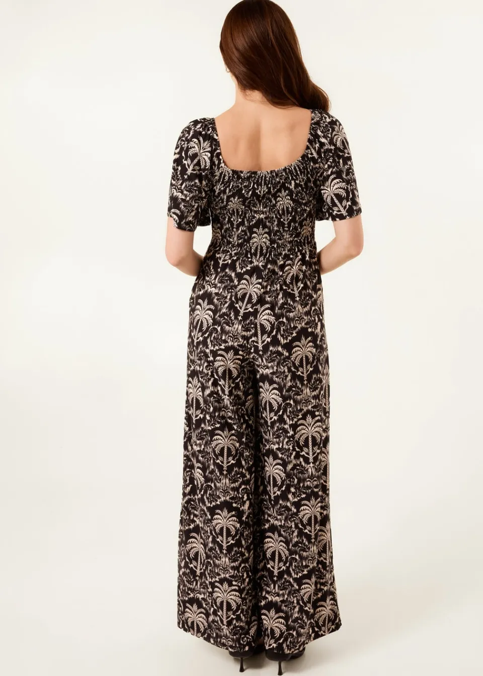 Jumpsuits & Playsuits>Blue Vanilla Black Palm Tree Print Square Neck Shirred Jumpsuit