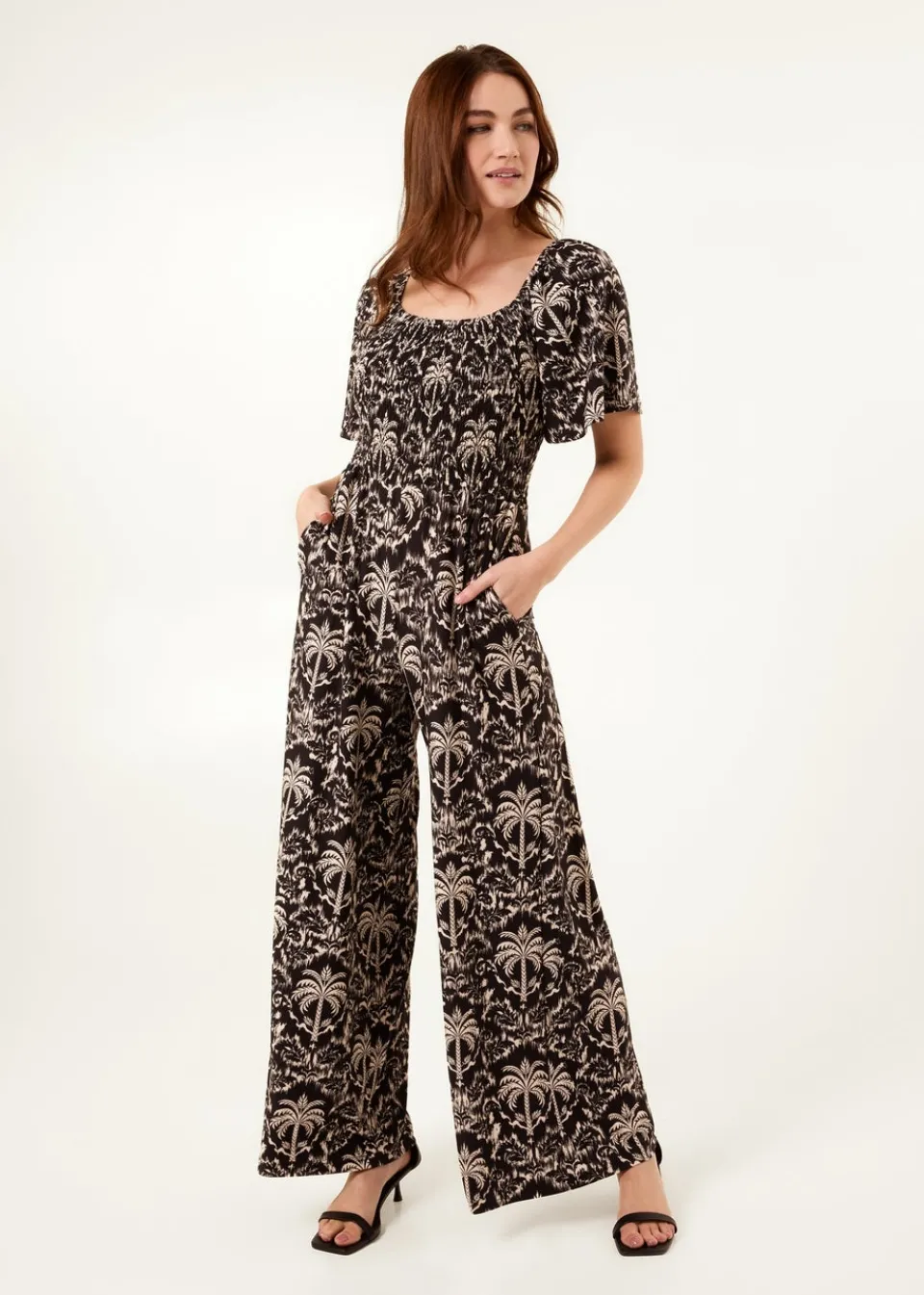 Jumpsuits & Playsuits>Blue Vanilla Black Palm Tree Print Square Neck Shirred Jumpsuit