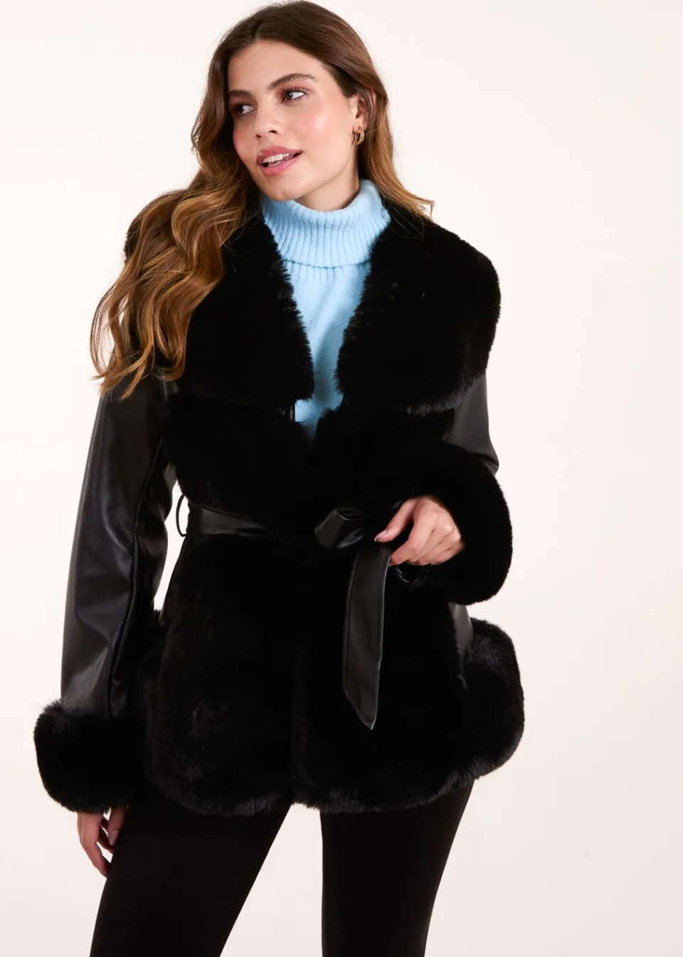 Coats & Jackets>Blue Vanilla Black Panel Fur PU Belted Coat