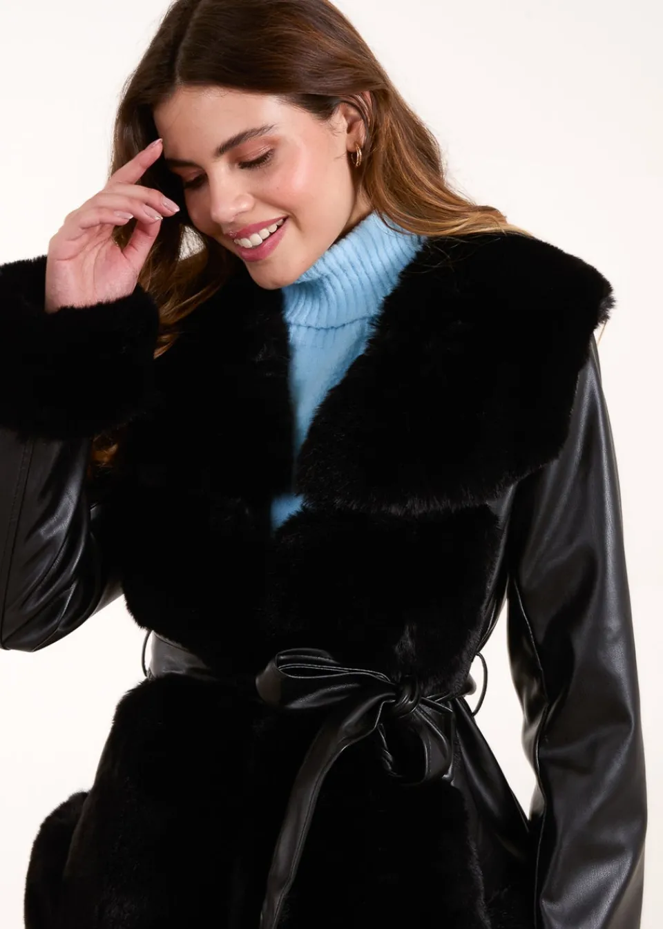 Coats & Jackets>Blue Vanilla Black Panel Fur PU Belted Coat