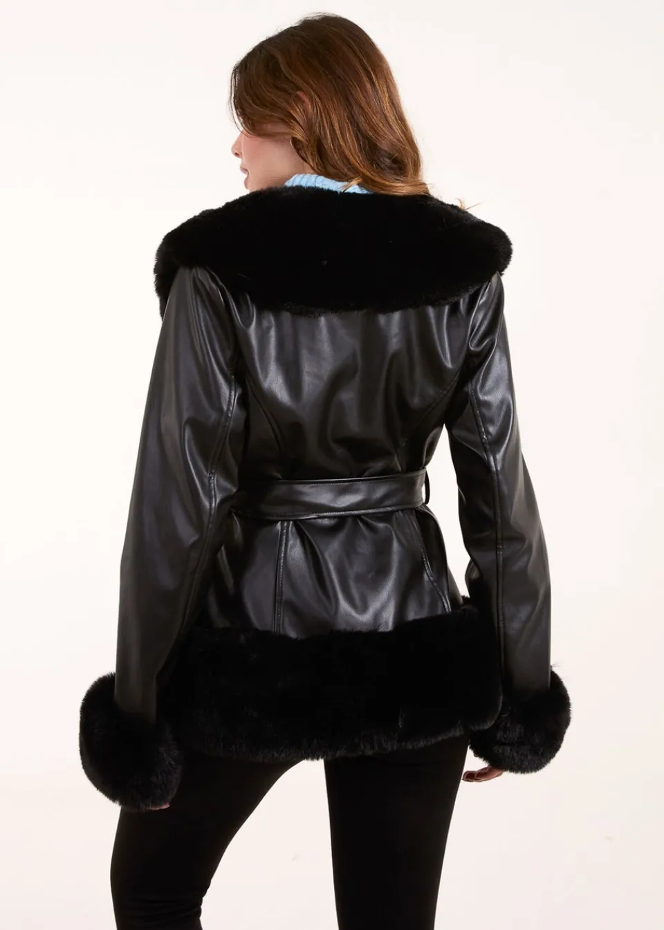 Coats & Jackets>Blue Vanilla Black Panel Fur PU Belted Coat