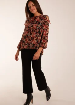 Tops>Blue Vanilla Black Pattern Cold Shoulder Frill Blouse