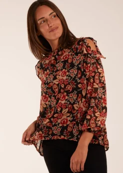 Tops>Blue Vanilla Black Pattern Cold Shoulder Frill Blouse