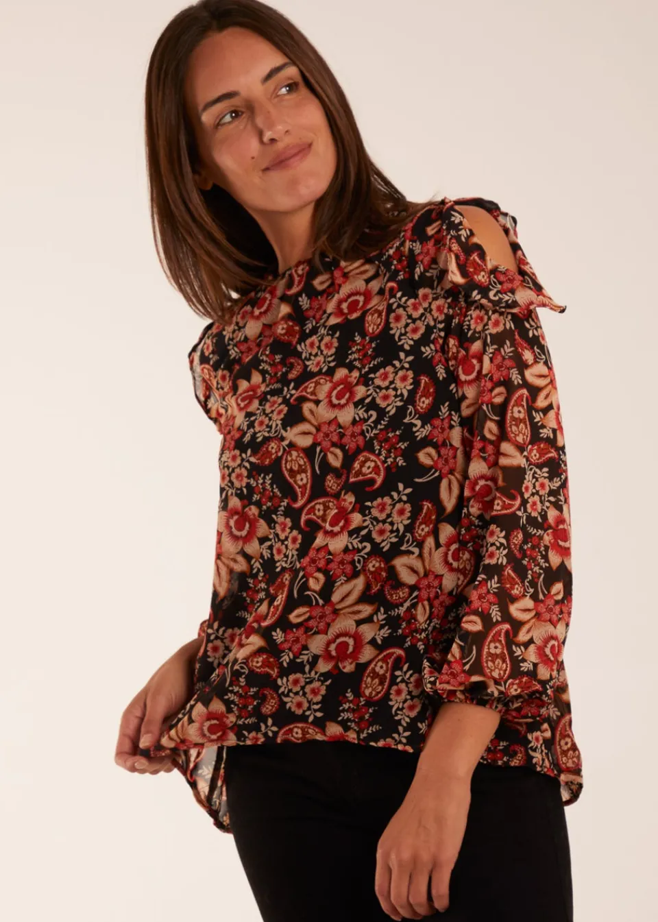 Tops>Blue Vanilla Black Pattern Cold Shoulder Frill Blouse