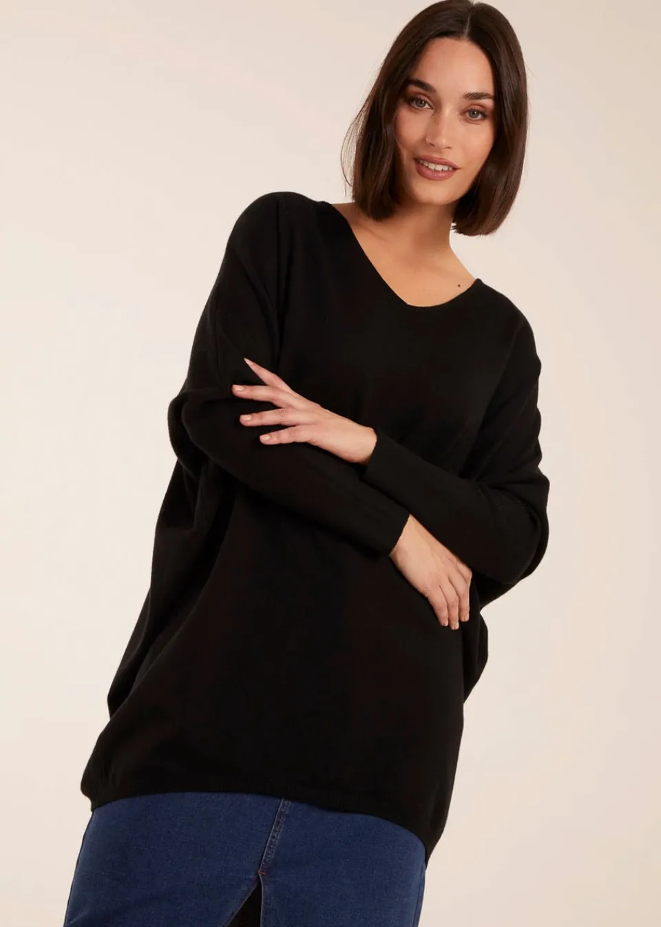 Tops>Blue Vanilla Black Plain V Neck Jumper
