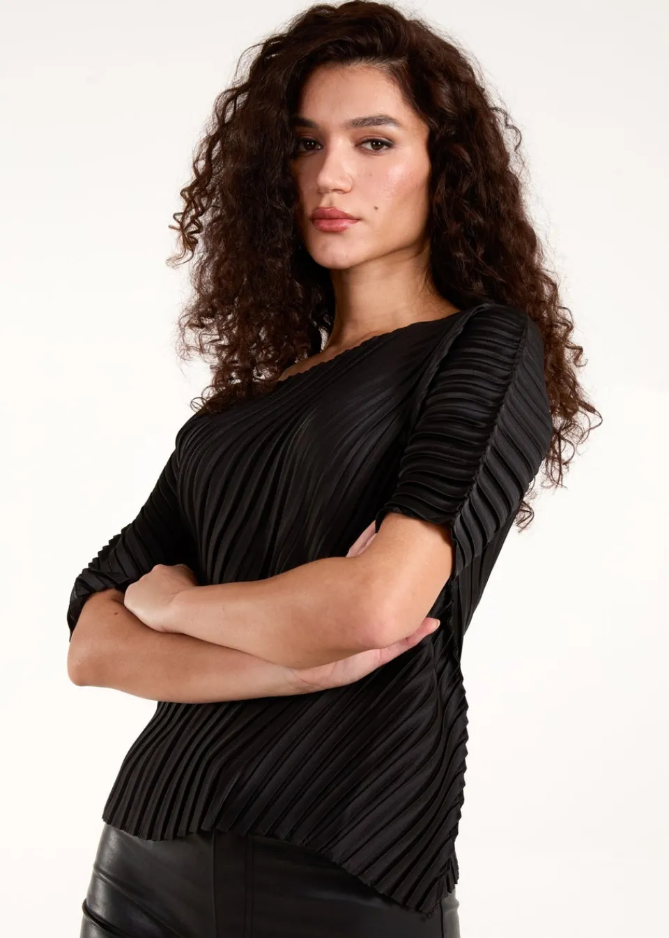Tops>Blue Vanilla Black Pleated Satin Asymmetric Top
