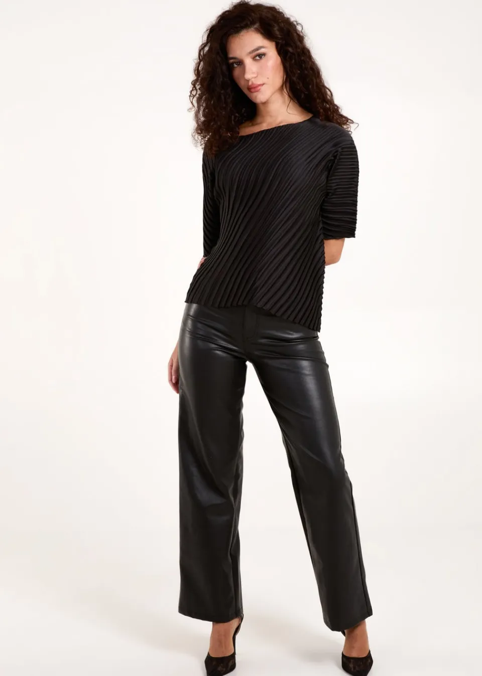 Tops>Blue Vanilla Black Pleated Satin Asymmetric Top