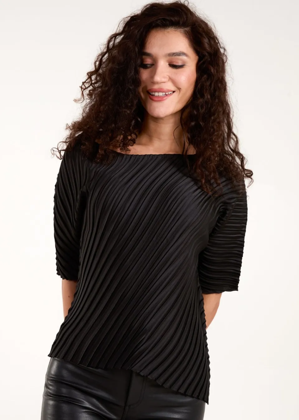 Tops>Blue Vanilla Black Pleated Satin Asymmetric Top