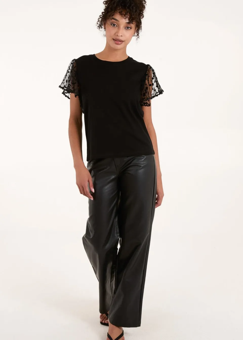 Tops>Blue Vanilla Black Polka Dot Mesh Sleeve T-Shirt