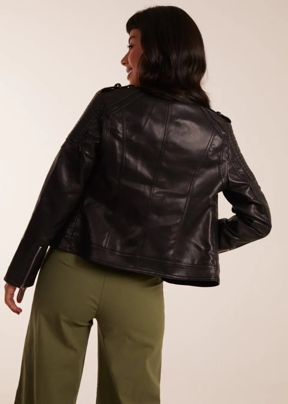 Coats & Jackets>Blue Vanilla Black PU Leather Zip Through Biker Jacket