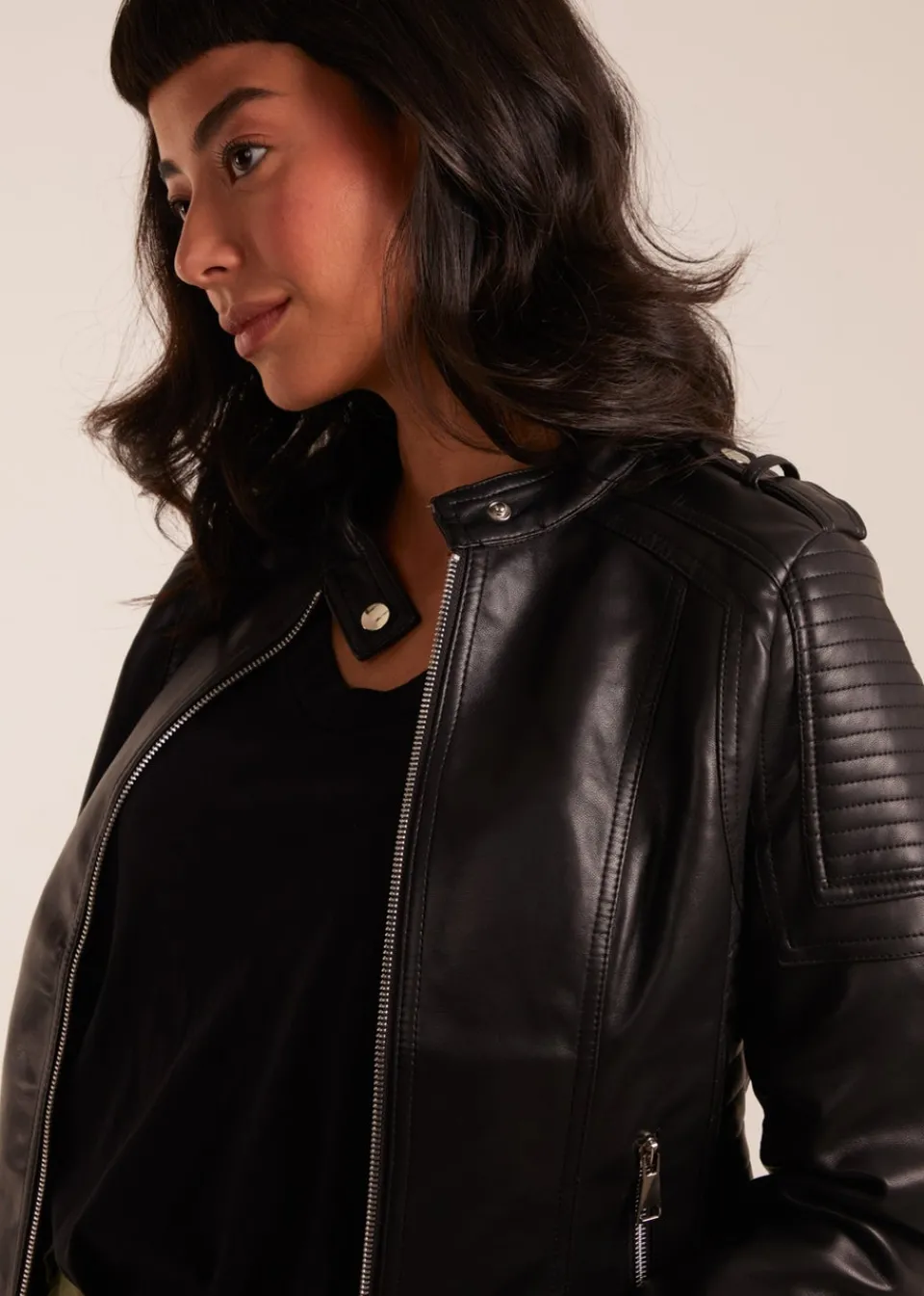 Coats & Jackets>Blue Vanilla Black PU Leather Zip Through Biker Jacket