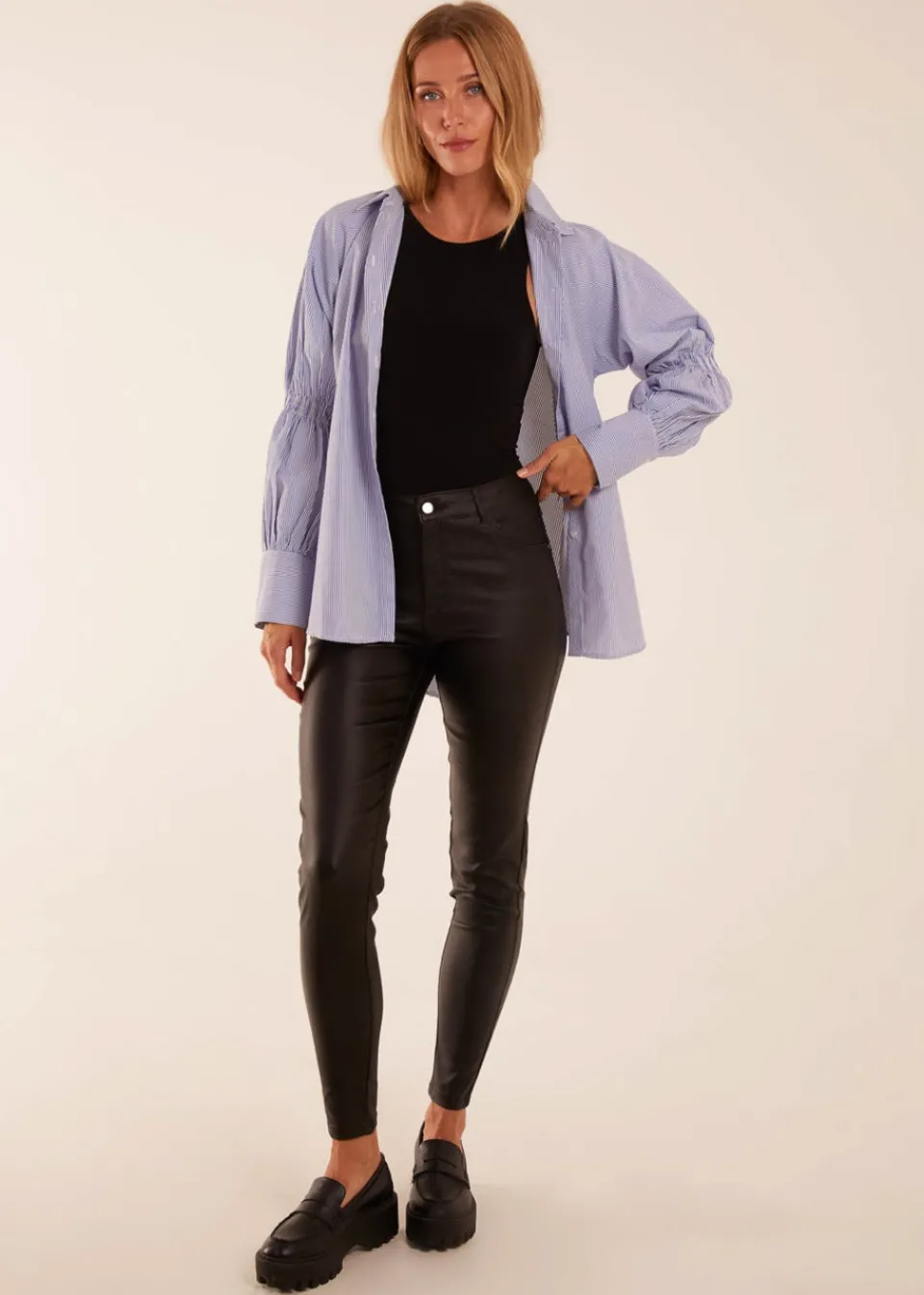 Jeans & Jeggings>Blue Vanilla Black PU Mid Rise Coated Skinny Jeans