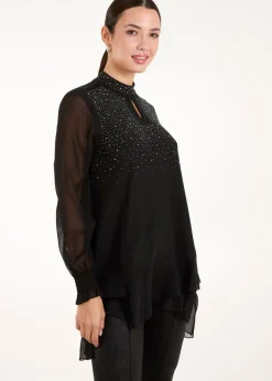 Tops>Blue Vanilla Black Rhinestone High Neck Top
