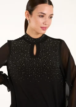 Tops>Blue Vanilla Black Rhinestone High Neck Top
