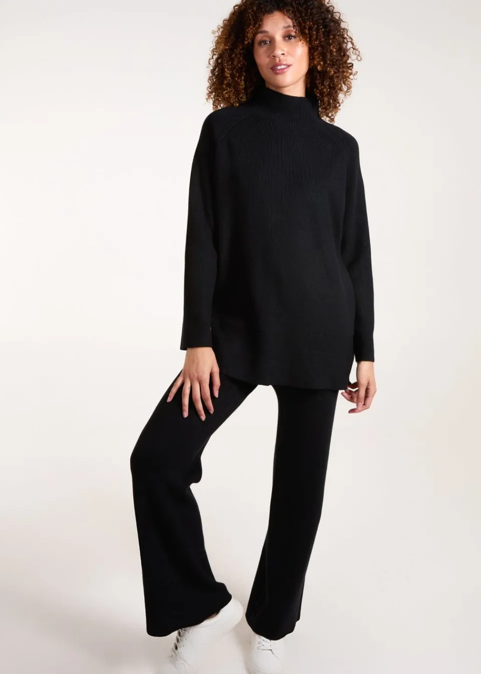 Tops>Blue Vanilla Black Ribbed High Neck Co-Ord Set