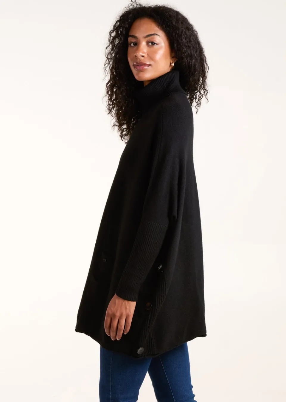Knitwear>Blue Vanilla Black Roll Neck Button Mini Pocket Jumper